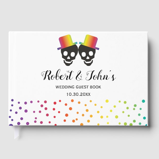 Two skull grooms and confetti gay wedding guest book (Front)