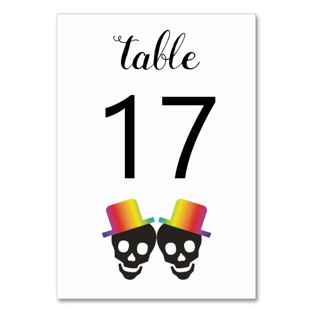 Two skull grooms with bows gay wedding table number (Front)