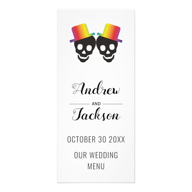 Two skull grooms with hats gay wedding menu card (Front)