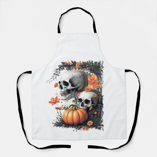 Two skulls and a pumpkin among flowers. apron (Front)
