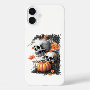 Two skulls and a pumpkin among flowers. iPhone 16 plus case