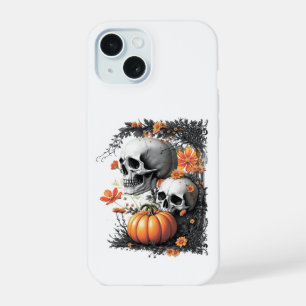 Two skulls and a pumpkin among flowers. iPhone 15 case