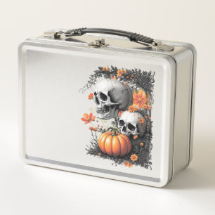 Two skulls and a pumpkin among flowers. metal lunch box