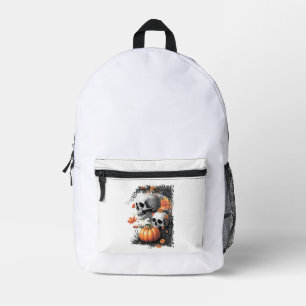 Two skulls and a pumpkin among flowers. printed backpack