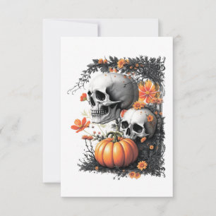 Two skulls and a pumpkin among flowers. thank you card
