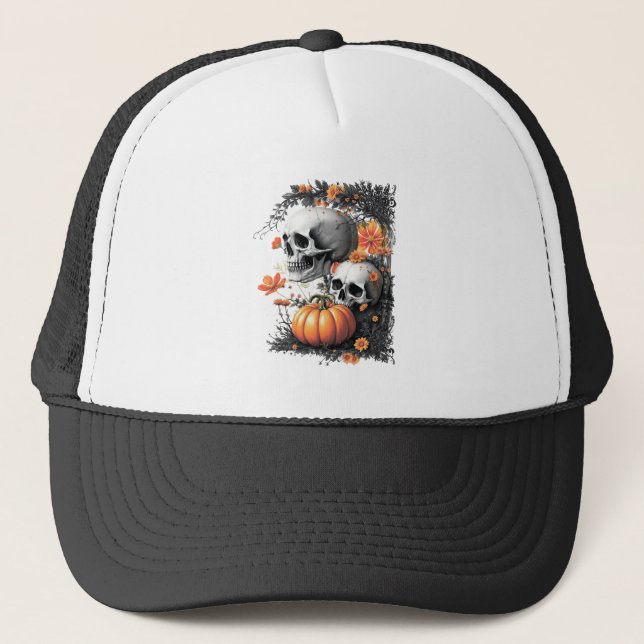 Two skulls and a pumpkin among flowers. trucker hat (Front)