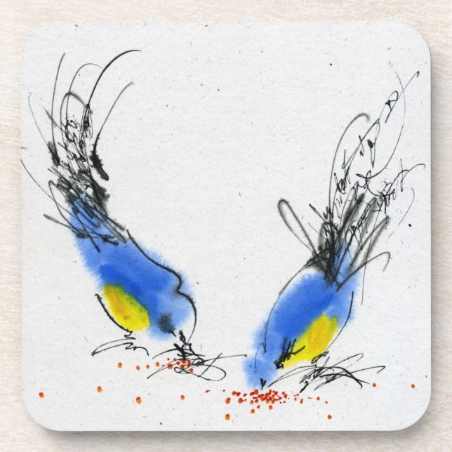 Two small titmouses pecking grain. Calligraphy Coaster (Front)