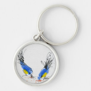 Two small titmouses pecking grain. Calligraphy Key Ring