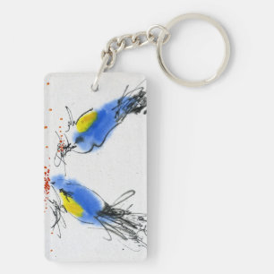 Two small titmouses pecking grain. Calligraphy Key Ring