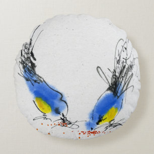 Two small titmouses pecking grain. Calligraphy Round Cushion