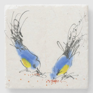 Two small titmouses pecking grain. Calligraphy Stone Coaster