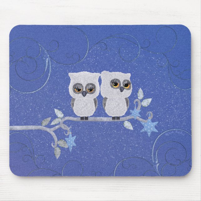 Two small white owls mouse pad (Front)