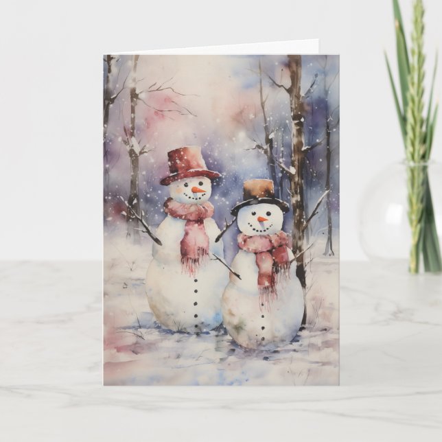 Two Snowmen in Hats and Scarves Christmas Greeting Card (Front)