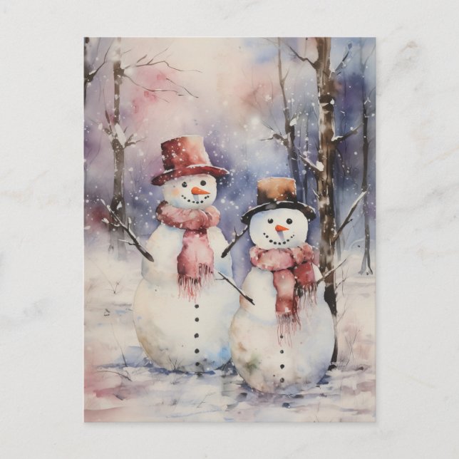 Two Snowmen in Hats and Scarves Christmas Holiday Postcard (Front)