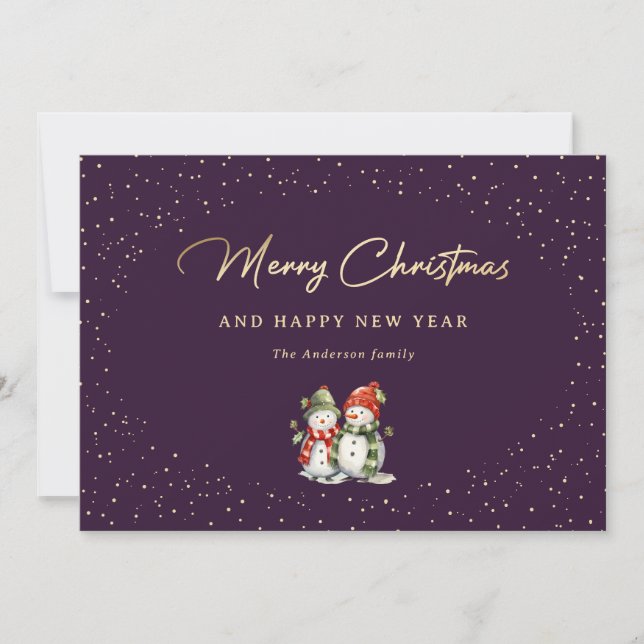 Two Snowmen Purple and Gold Snowy Holiday Card (Front)