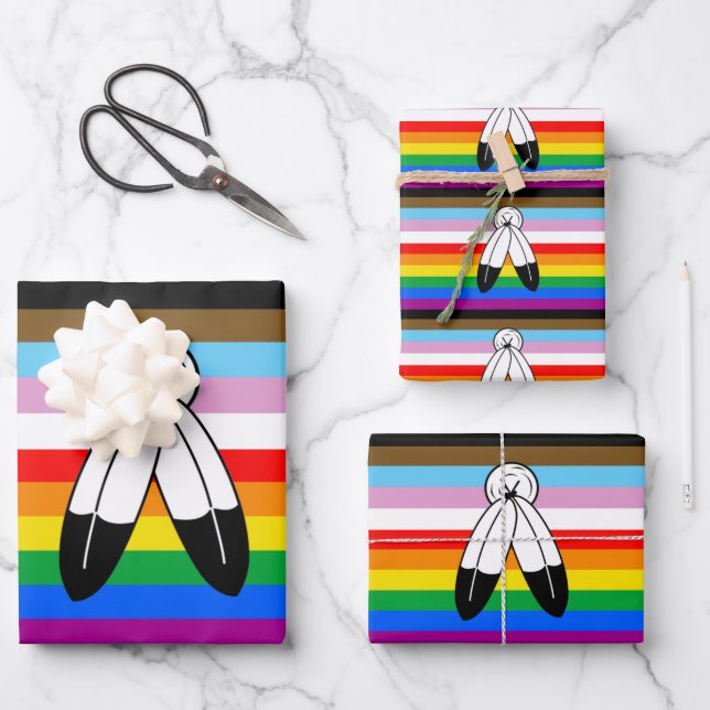 Two-Spirit LGBTQ+ Progress Pride Flag Wrapping Paper Sheet (Front)