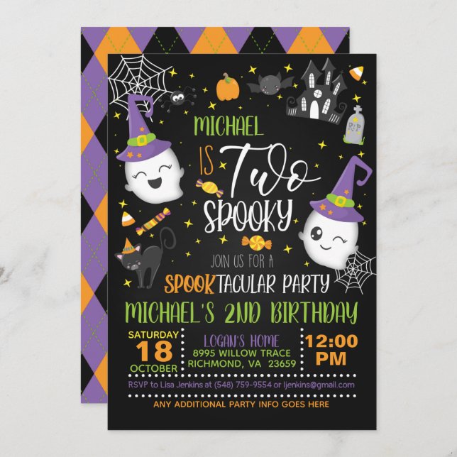 Two Spooky Birthday Invitation - Blk (Front/Back)