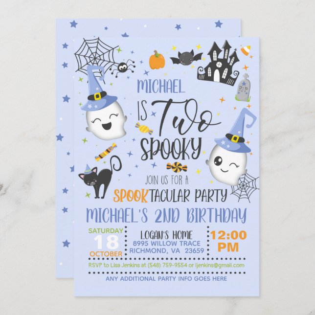 Two Spooky Birthday Invitation - Blue (Front/Back)