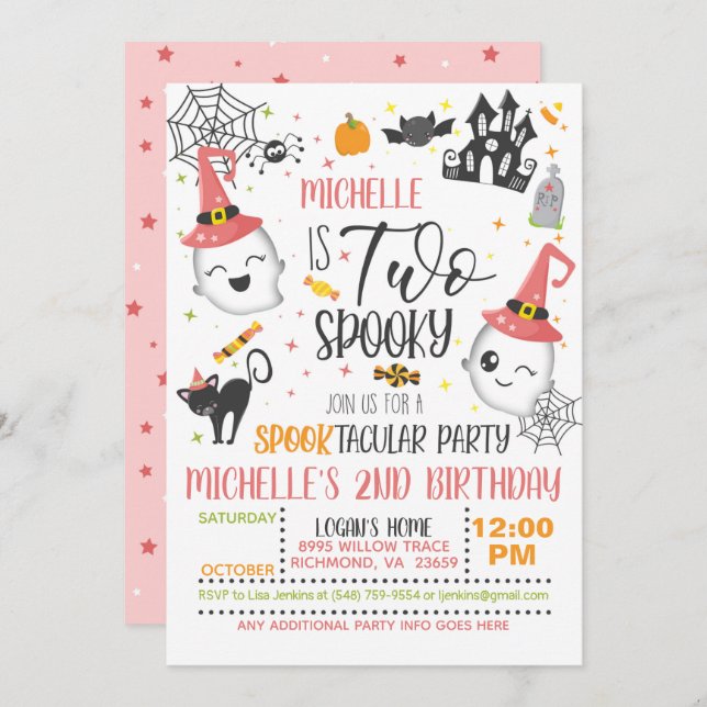 Two Spooky Birthday Invitation - Girl White (Front/Back)