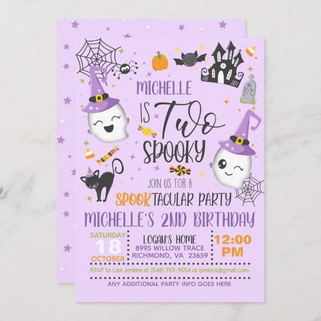 Two Spooky Birthday Invitation - Purple (Front/Back)