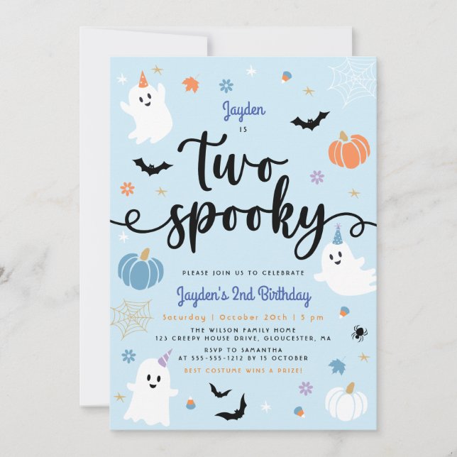 Two Spooky Blue Halloween Cute Ghost 2nd Birthday Invitation (Front)