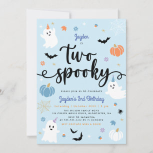 Two Spooky Blue Halloween Cute Ghost 2nd Birthday Invitation