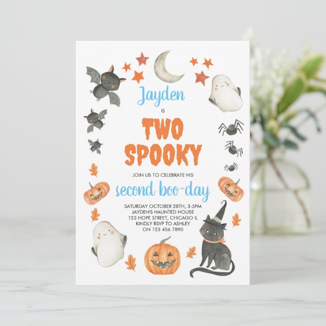 Two Spooky Boy Cute Ghost Halloween 2nd Birthday Invitation (Standing Front)