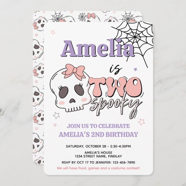 Two Spooky Cute Pink Halloween Birthday Party Invitation (Front/Back)