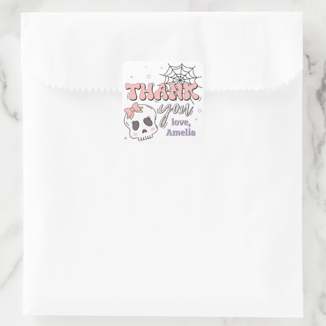 Two Spooky Cute Pink Halloween Birthday Thank You Square Sticker (Bag)