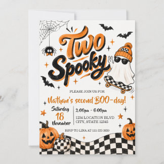 Two Spooky Ghost Skateboard Halloween Birthday Invitation