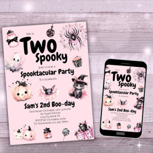 Two Spooky Girls Cute Pink Halloween 2nd Birthday Invitation