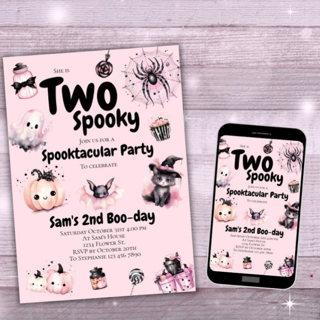 Two Spooky Girls Cute Pink Halloween 2nd Birthday Invitation (Creator Uploaded)