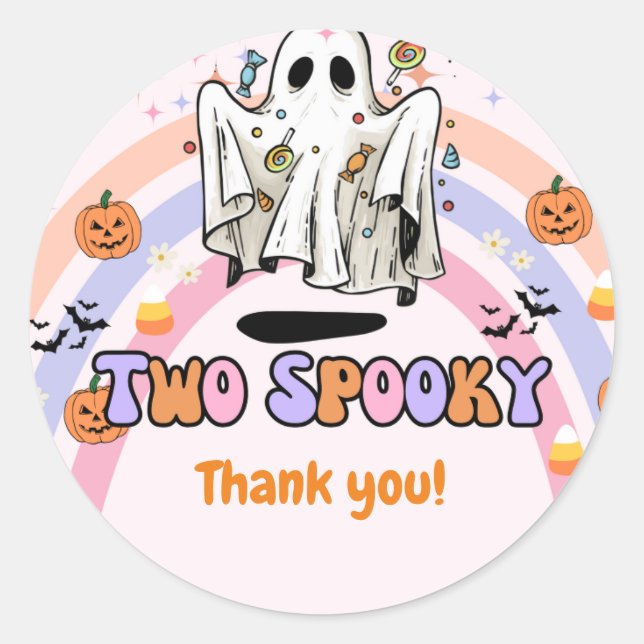 Two Spooky Groovy Halloween Birthday Thank You Classic Round Sticker (Front)