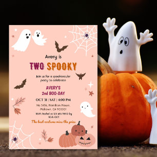 Two Spooky Halloween Birthday Ghost Peach bats Invitation