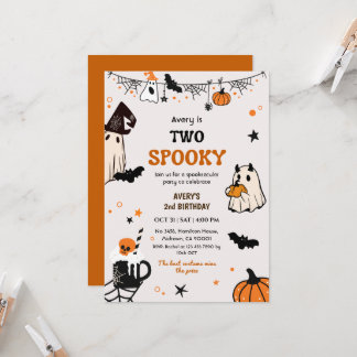 Two Spooky Halloween Birthday Ghost Whimsical Cute Invitation