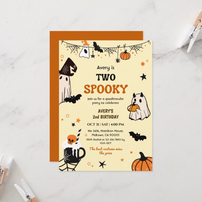 Two Spooky Halloween Birthday Ghost Whimsical Cute Invitation (Front/Back In Situ)