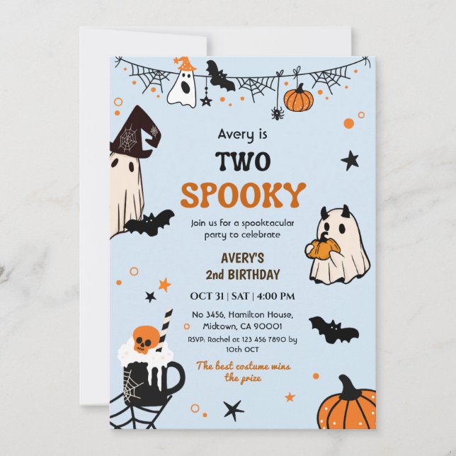 Two Spooky Halloween Birthday Ghost Whimsical Cute Invitation (Front)