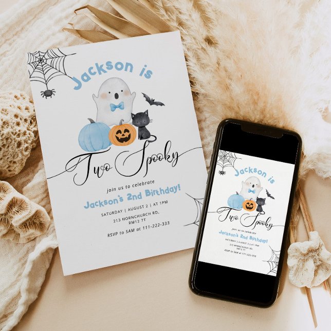 Two Spooky Halloween blue 2nd boy birthday Invitation (Creator Uploaded)