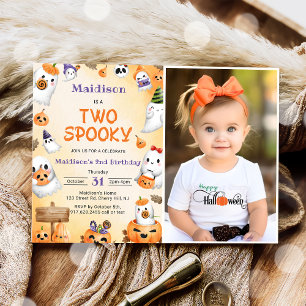Two Spooky Halloween Cute Ghost Birthday Photo  Invitation