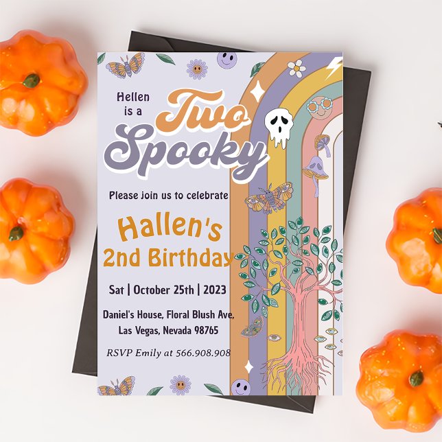 Two Spooky Halloween Groovy Rainbow Birthday Party Invitation (Creator Uploaded)