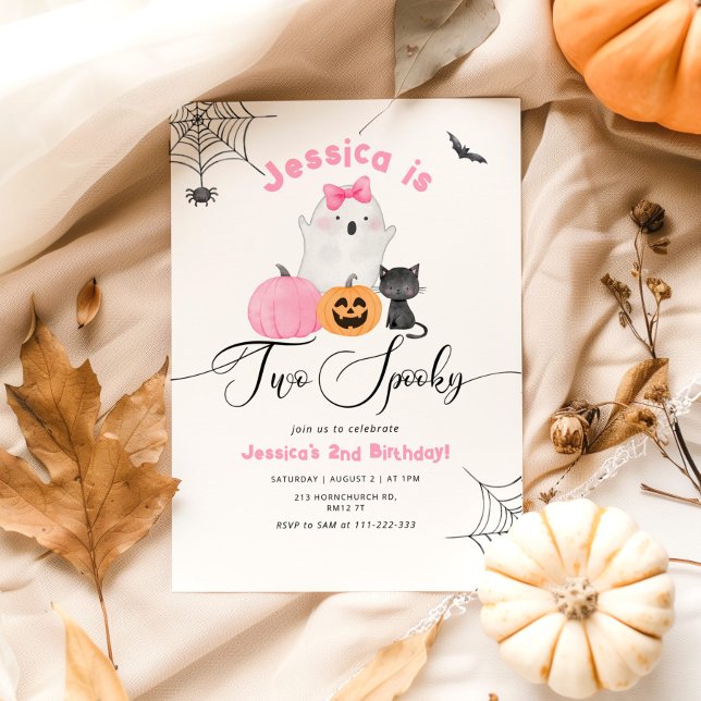 Two Spooky Halloween pink 2nd girl birthday Invitation (Creator Uploaded)