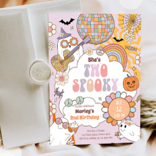 Two Spooky Retro Halloween Girl Second Birthday Invitation