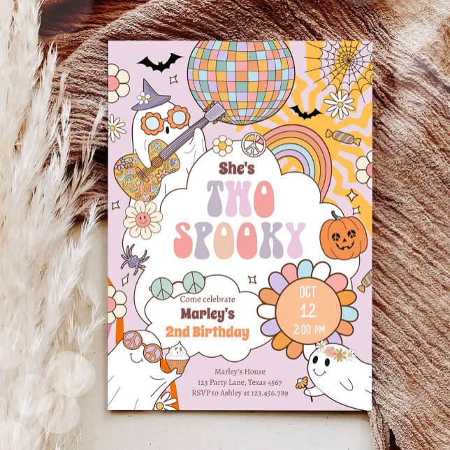 Two Spooky Retro Halloween Girl Second Birthday Invitation (Creator Uploaded)