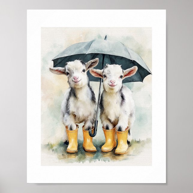 Two Spotted Baby Goats on a Rainy Day Poster (Front)