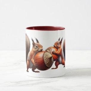 Two squirrels cross with their hazelnuts. mug