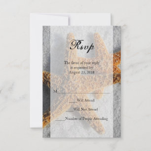 Two Starfish in Sand, Beach Wedding Sm RSVP Reply