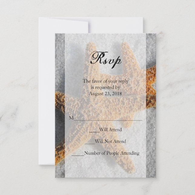 Two Starfish in Sand, Beach Wedding Sm RSVP Reply Card (Front)
