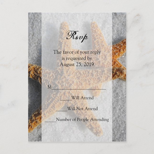 Two Starfish & Sand, Beach Wedding RSVP Reply Card (Front)