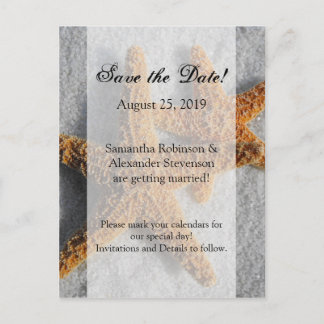 Two Starfish & Sand, Beach Wedding Save the Date Announcement Postcard