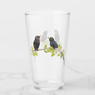 Two Starlings on a Blossoming Branch in Spring  Glass